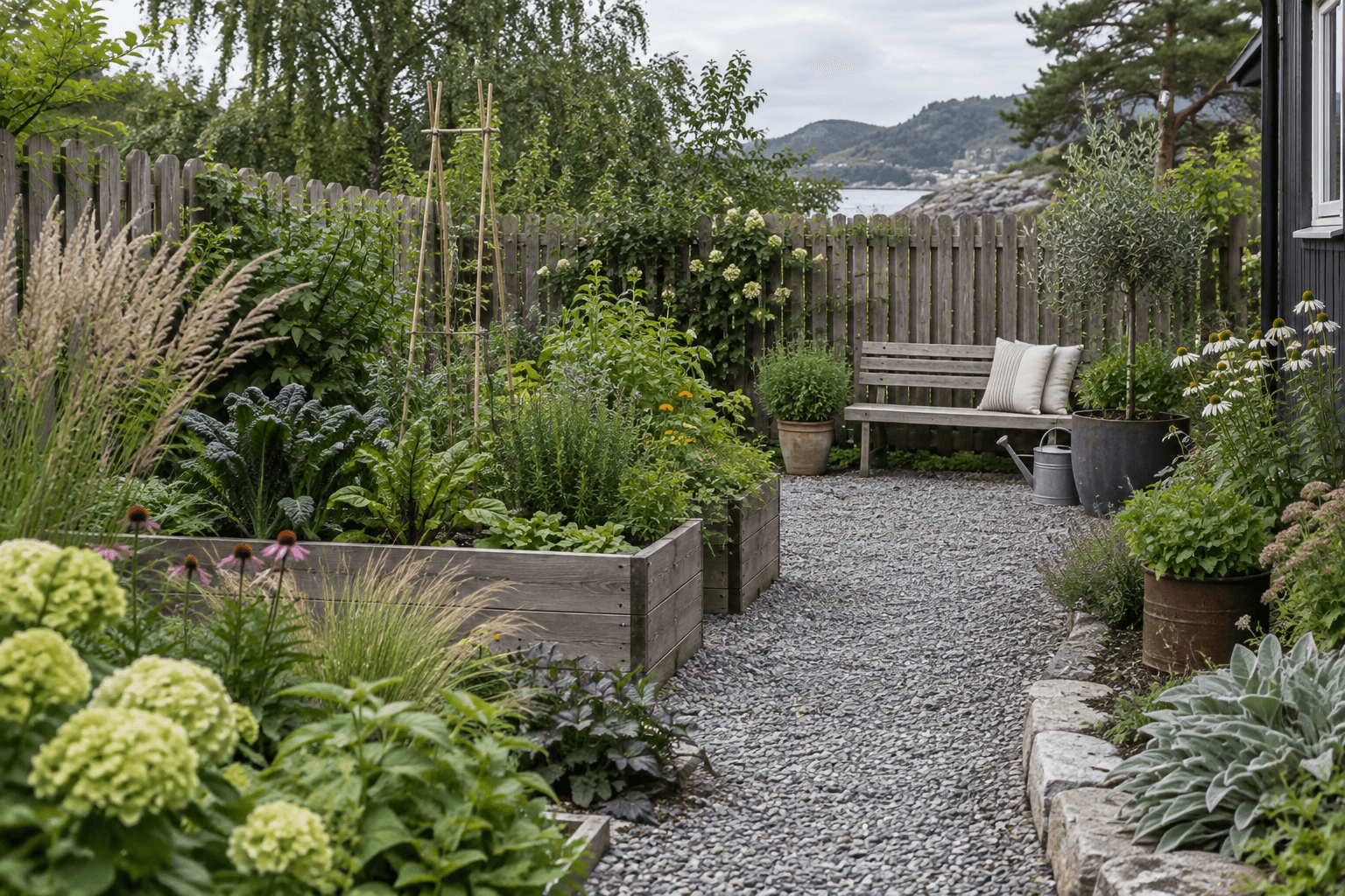 Hageinspirasjon med plantekasser, naturgjerde og sitteplass